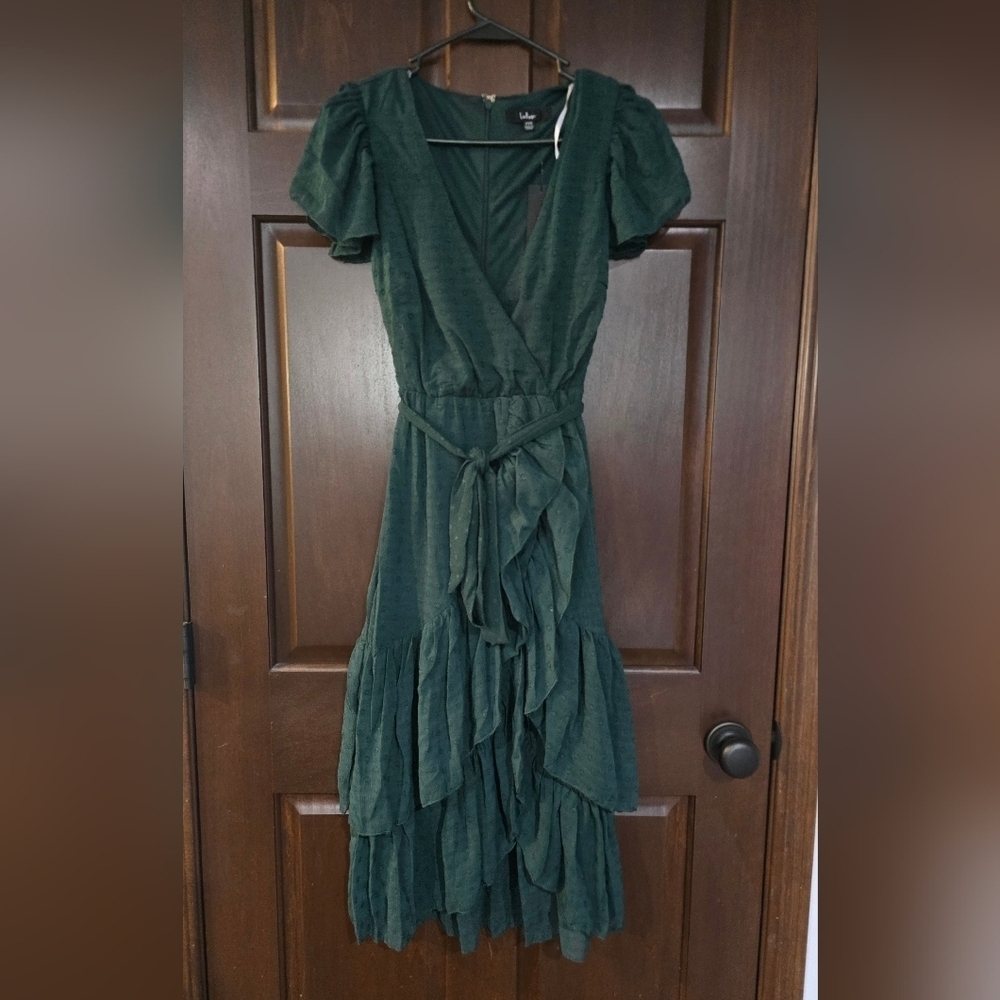 Lulus Have Harmony Dark Green Swiss Dot Ruffled Faux Wrap Midi Dress XXS NWT - Picture 3 of 6